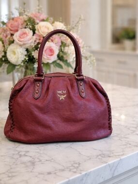 MCM Burgundy Leather Top-Handle Satchel
